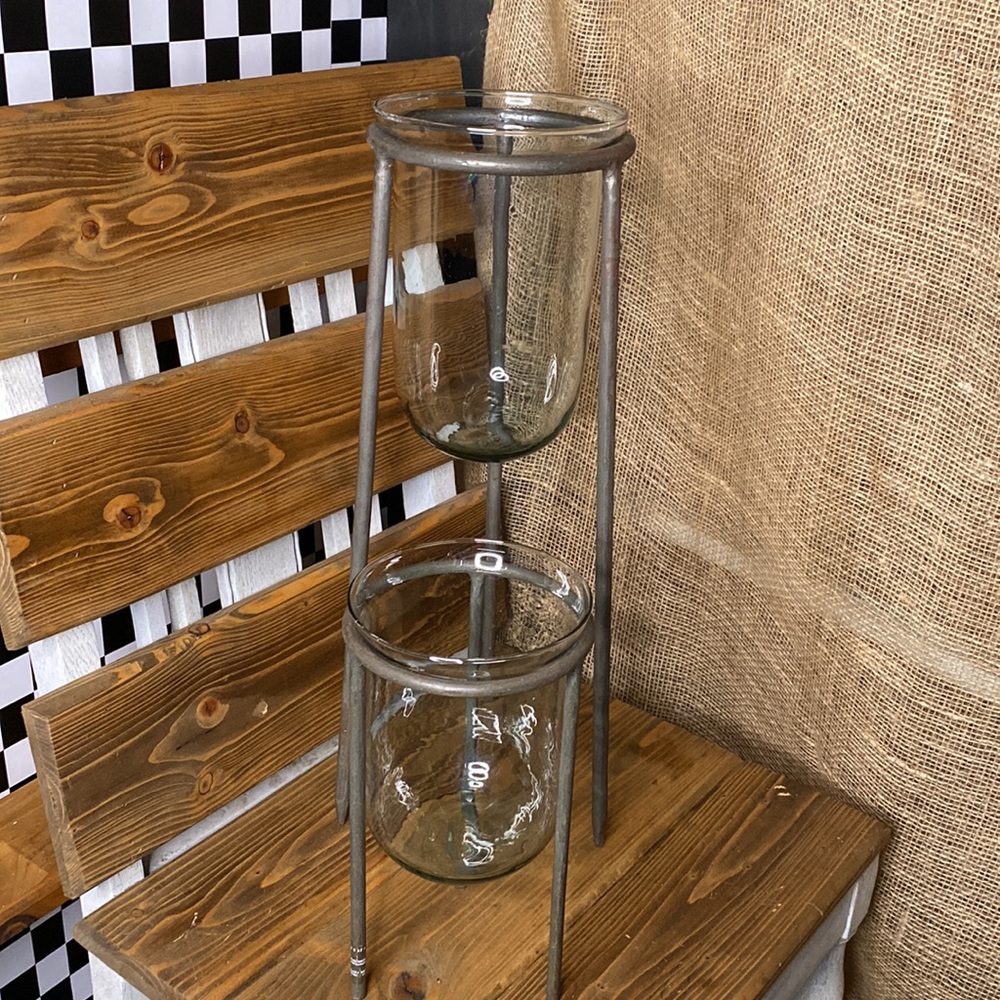 Pottery Barn Set of Two Rustic Metal Tripod Stands with Handblown Glass Vases - Picture 3 of 17